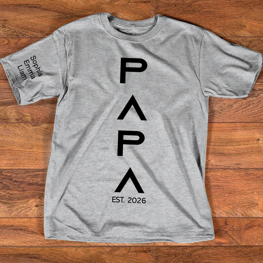 Personalized Papa Shirt with Kids Names on Sleeve, Minimalist Vertical Papa Design Tee, Custom Grandpa Family T Shirt, Gift for Father Day Birthday