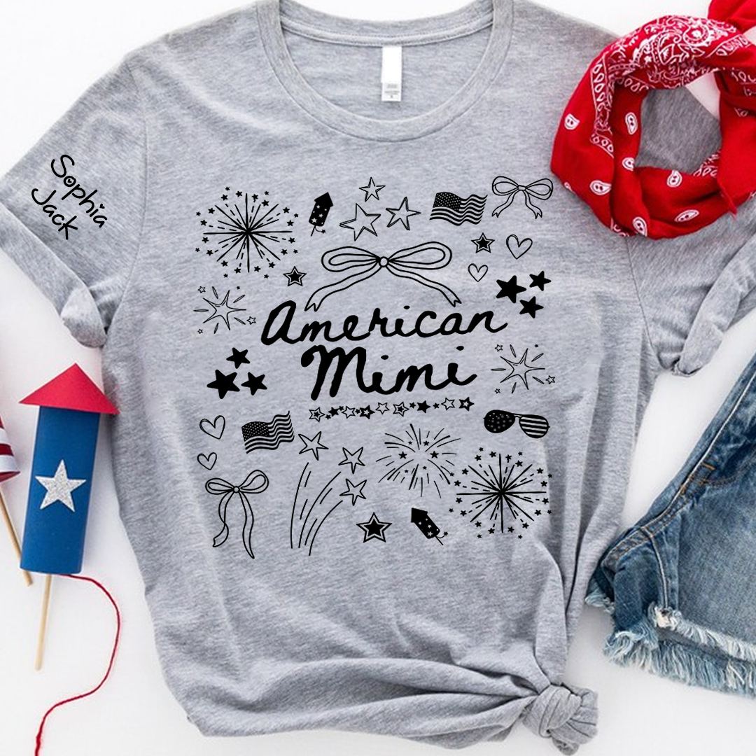 Personalized American Mimi T-Shirt Custom Family Nickname Shirt with Firework Design for 4th of July, Gifts for Mother's Day, Birthday