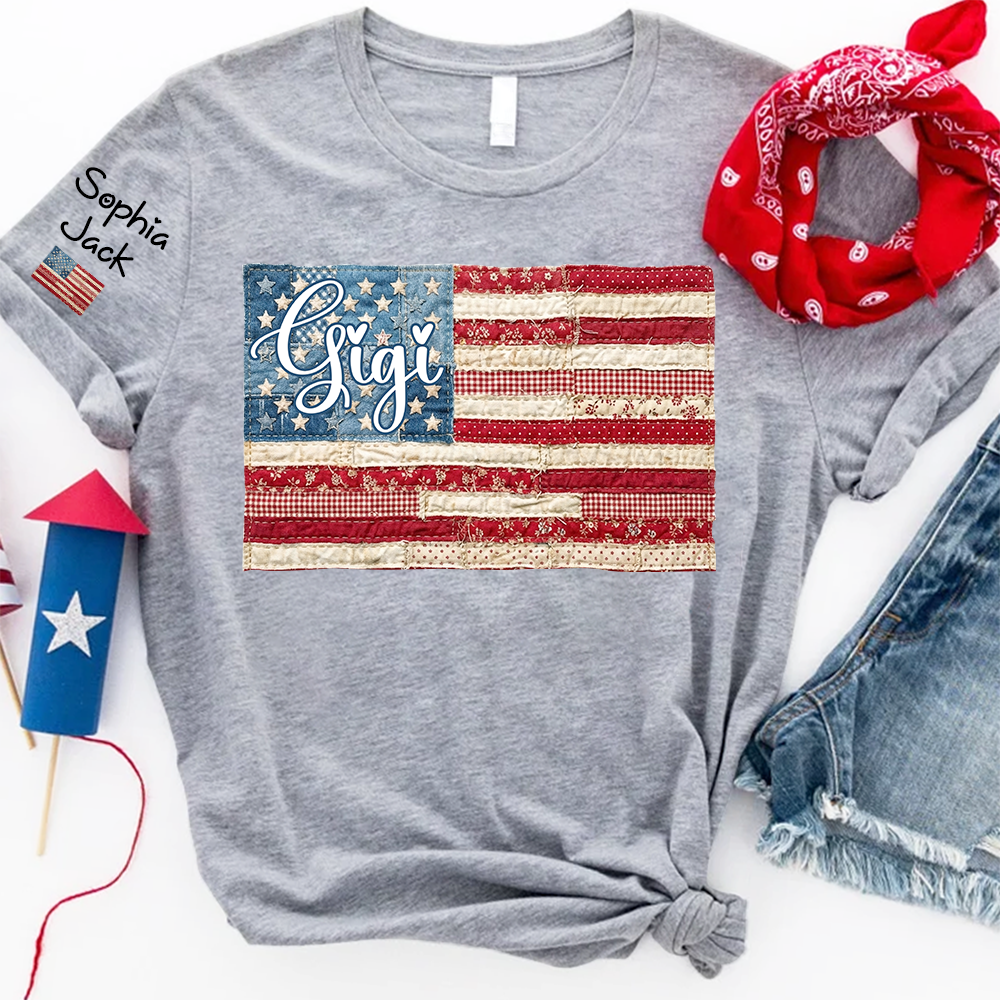 Personalized Gigi Patriotic Patchwork Flag Shirt with Custom Kids Names on Sleeve, Vintage Grandma Family Shirt for Women, 4th of July Birthday Shirt