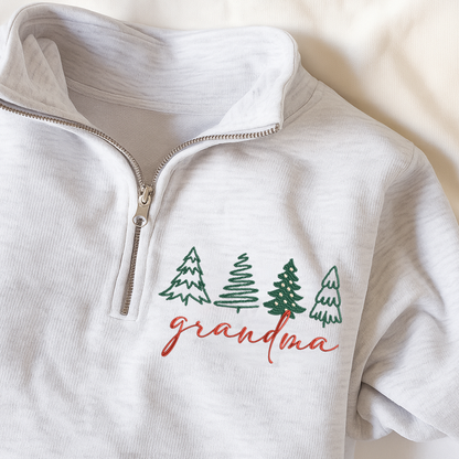 Grandma Tree Merry Christmas Sweatshirt, Grandma And Grandkids Embroidered Quarter Zip Sweater