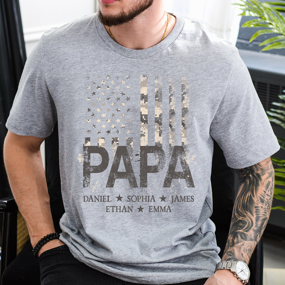 Personalized Papa American Flag Shirt, Custom Kids Names Patriotic T Shirt for Dad Grandpa, U.S. 250th Anniversary 4th of July Birthday Gift