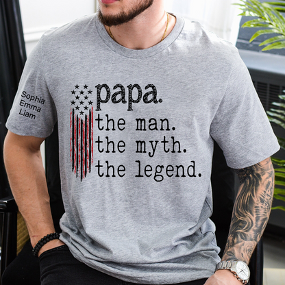 Personalized Papa The Man The Myth The Legend American Flag Shirt with Kids Names, Custom Family Nickname T-Shirt for Dad Fathers Day Gift
