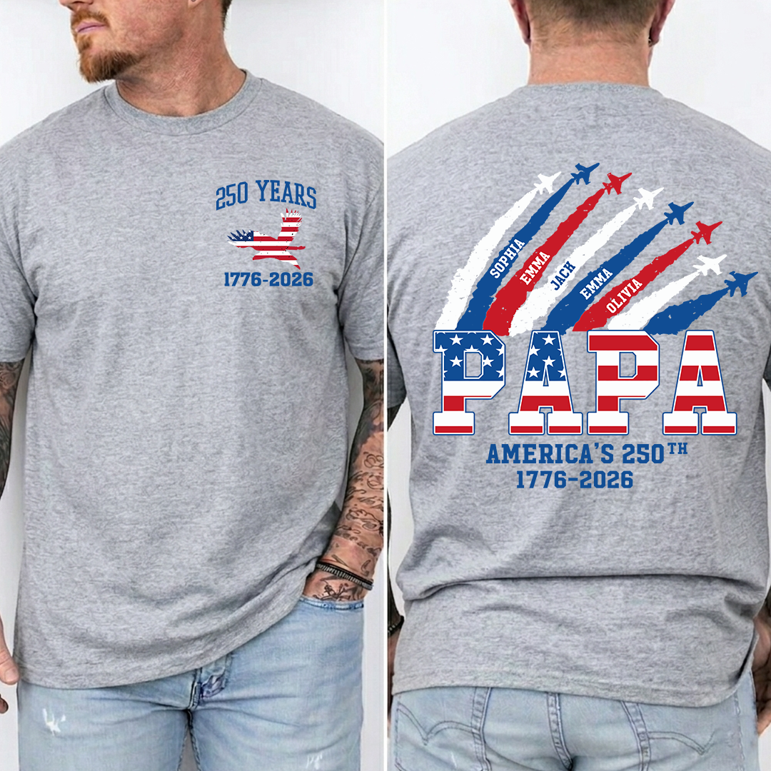 Personalized Papa 250 Years Shirt, Custom Kids Names Airplane Shirt, Patriotic American Flag Papa Tee, Grandpa Fathers Day Shirt, 4th of July Family Gift 1776 2026