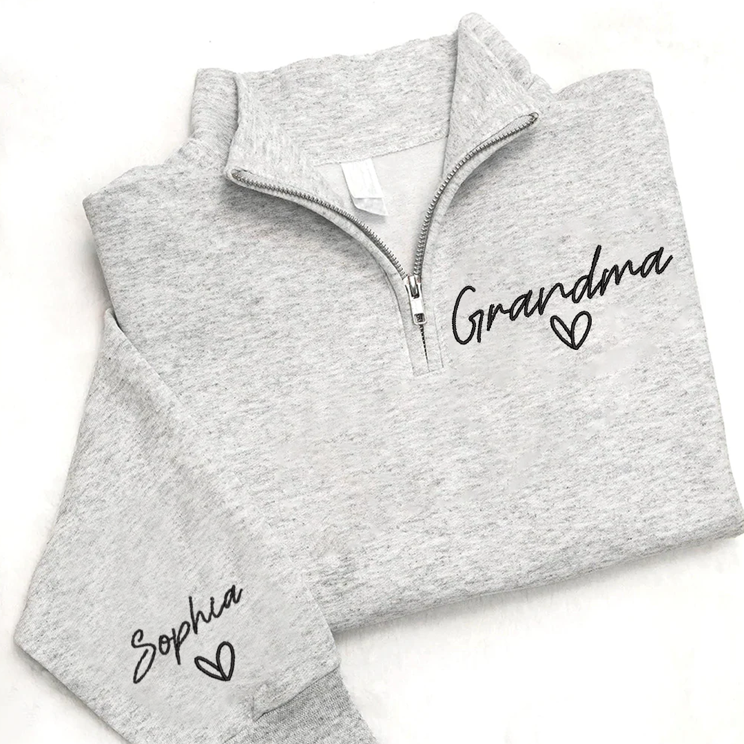 Custom Embroidered Grandma heart Sweatshirt And Grandkids Quarter Zip Sweater