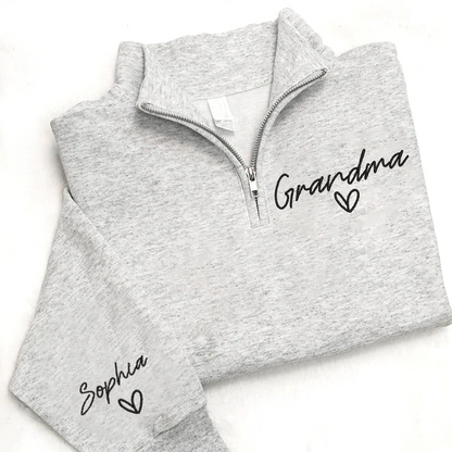 Custom Embroidered Grandma heart Sweatshirt And Grandkids Quarter Zip Sweater