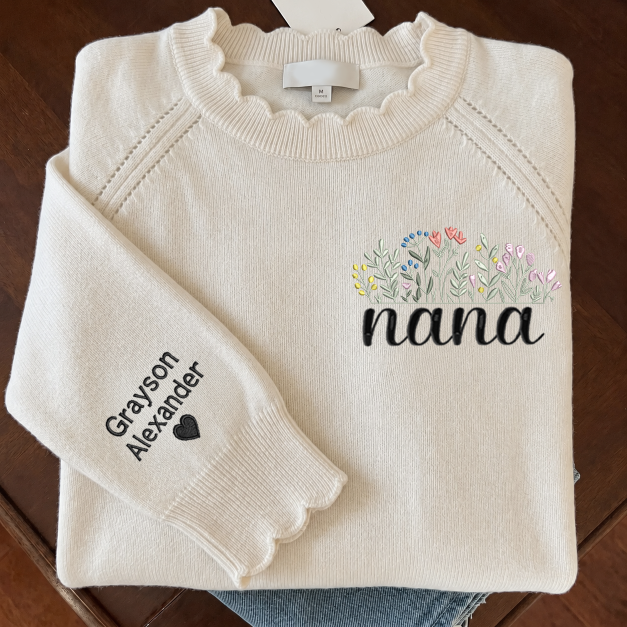 Embroidered Nana Wildflower Knit Sweater, Personalized Puff Sleeve Crewneck, Custom Sleeve Personalization, Nana Gift