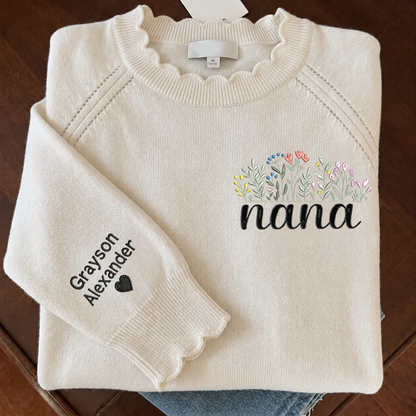 Embroidered Nana Wildflower Knit Sweater, Personalized Puff Sleeve Crewneck, Custom Sleeve Personalization, Nana Gift