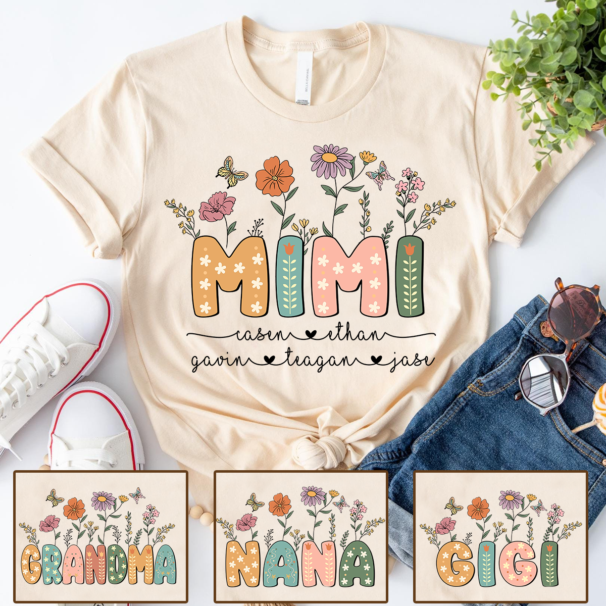 Personalized Floral Nana Shirt, Custom Grandma With Grandkids Mothers Day Gift T-Shirt