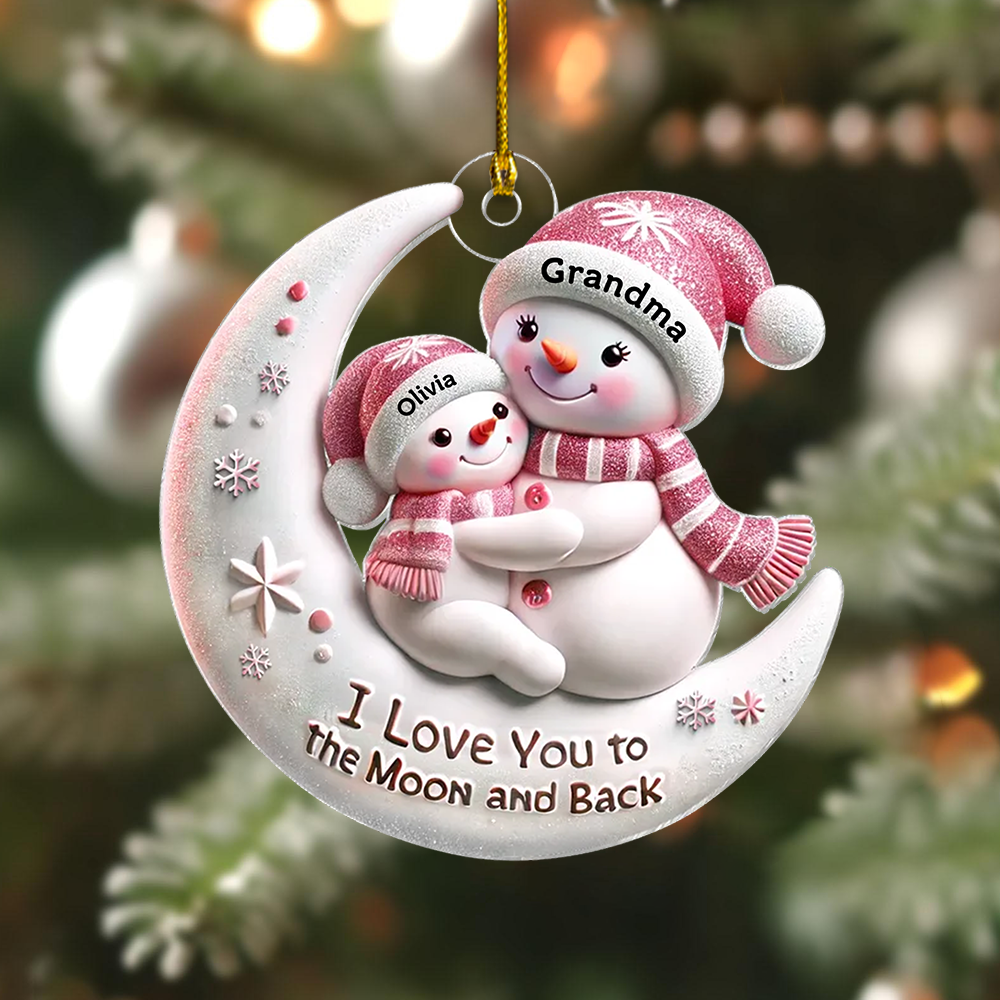 Snowman Grandma & Hugging Grandkid On The Moon Personalized Acrylic Ornament, Christmas Gift For Granddaughter, Grandson Ornament