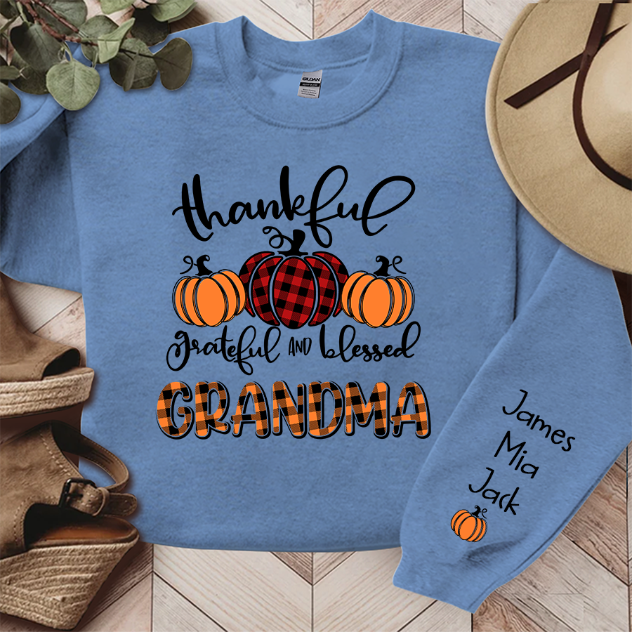 Personalized Thankful Grateful Blessed Grandma Fall Autumn Sweatshirt
