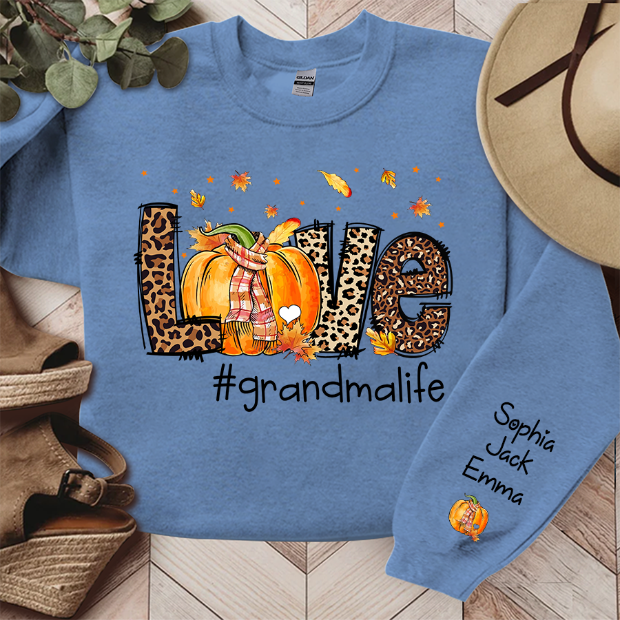 Love Grandma Life Leopard Fall Thanksgiving Halloween Leaves Cute Pumpkin Sweatshirt
