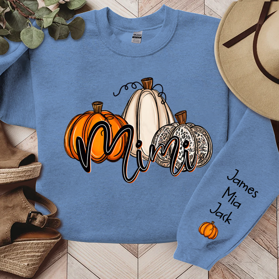 Personalized Mimi Sweatshirt With Grandkid Names On Sleeve, Custom Grandma Mimi Nana Pumpkins Autumn Sweatshirt