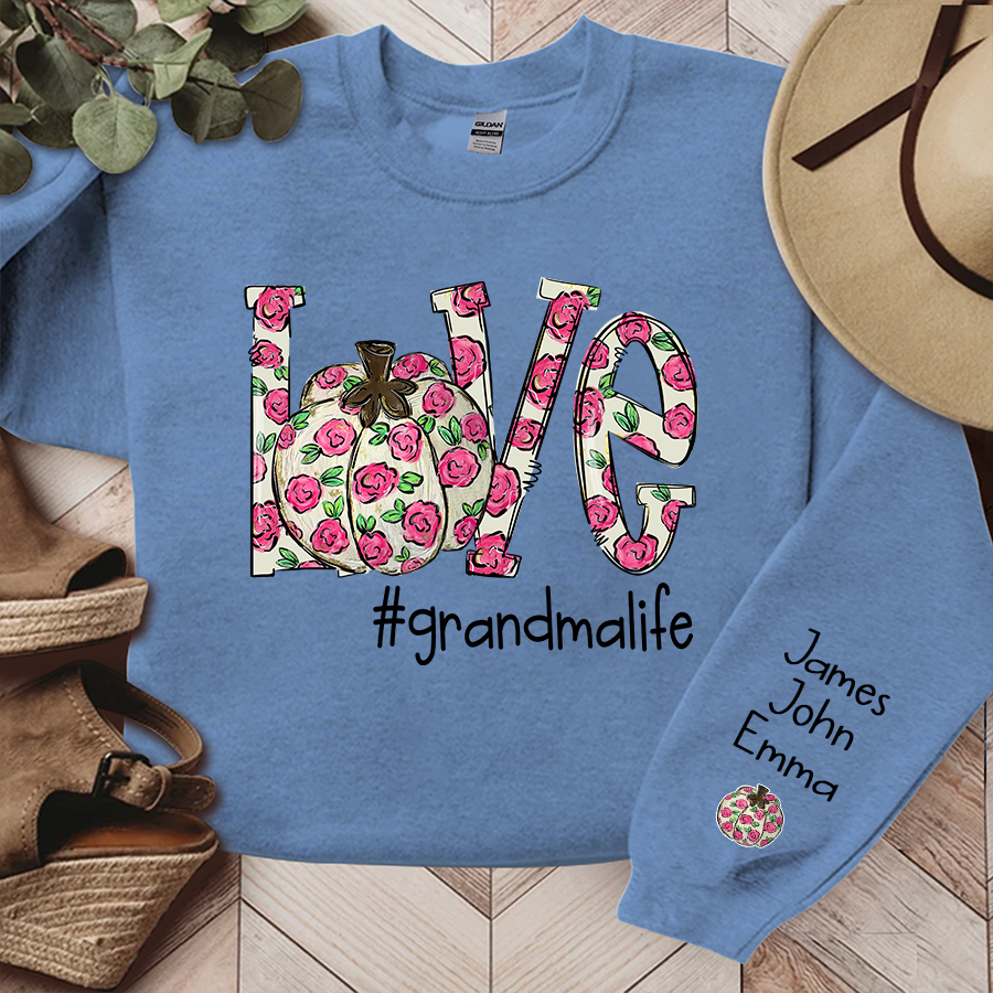 Personalized Love Pumpkin Flower Grandmalife And Grandkids Names Sweatshirt