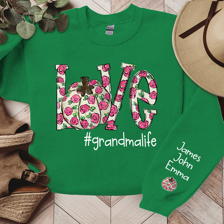 Personalized Love Pumpkin Flower Grandmalife And Grandkids Names Sweatshirt
