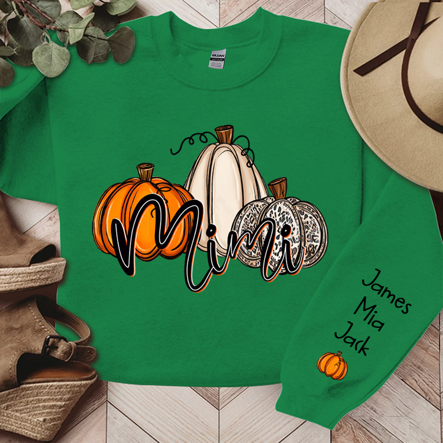 Personalized Mimi Sweatshirt With Grandkid Names On Sleeve, Custom Grandma Mimi Nana Pumpkins Autumn Sweatshirt
