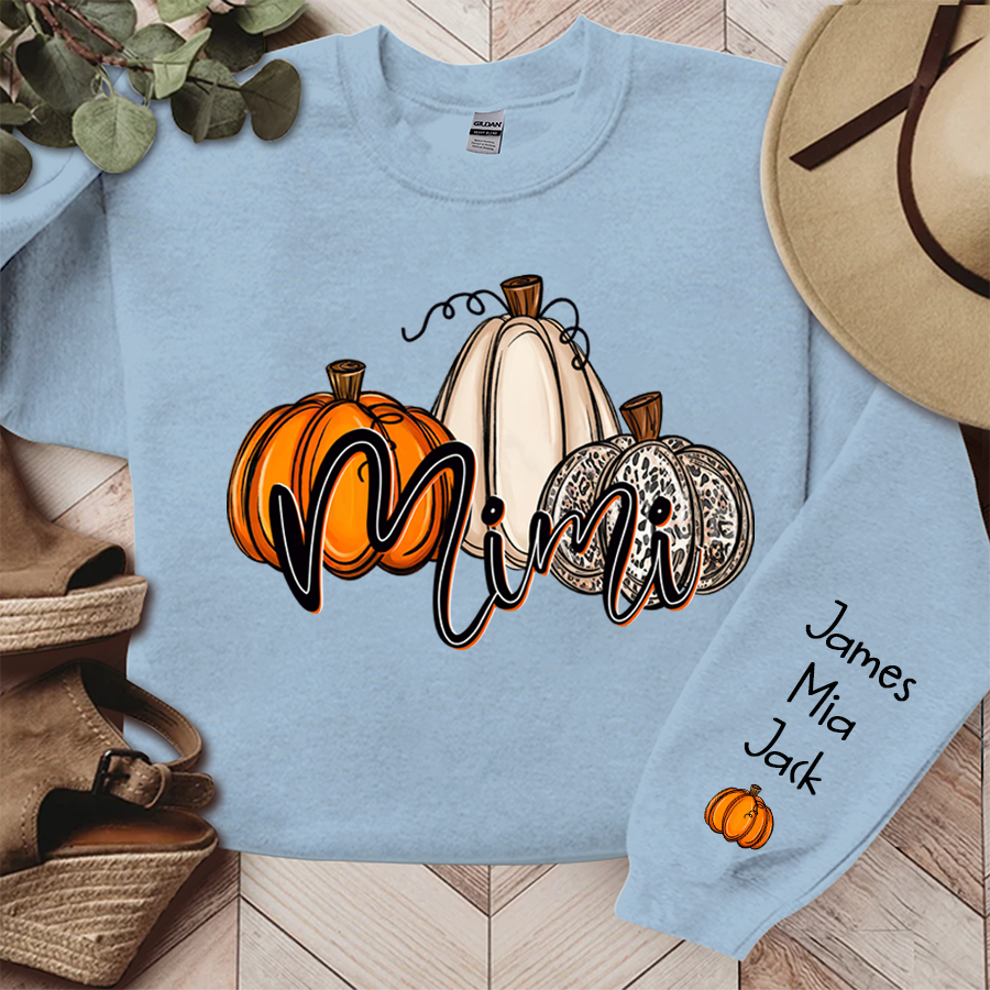 Personalized Mimi Sweatshirt With Grandkid Names On Sleeve, Custom Grandma Mimi Nana Pumpkins Autumn Sweatshirt