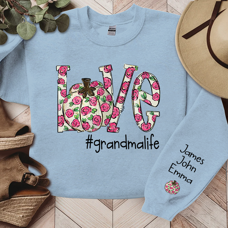 Personalized Love Pumpkin Flower Grandmalife And Grandkids Names Sweatshirt