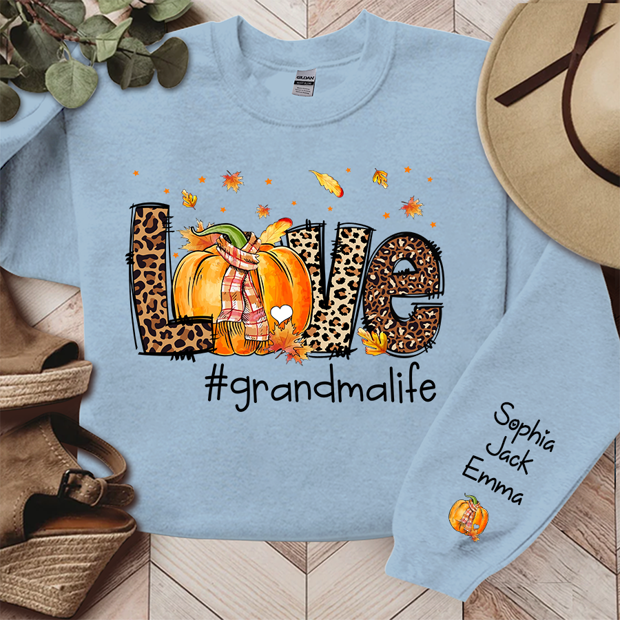 Love Grandma Life Leopard Fall Thanksgiving Halloween Leaves Cute Pumpkin Sweatshirt