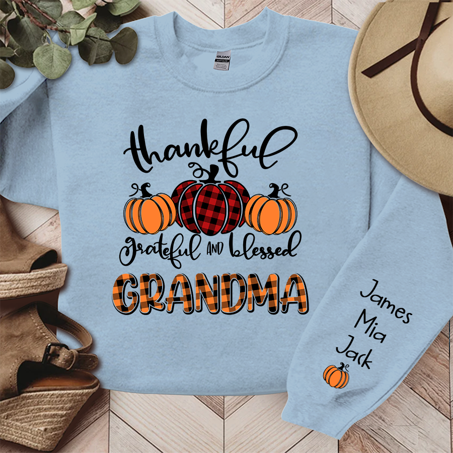 Personalized Thankful Grateful Blessed Grandma Fall Autumn Sweatshirt
