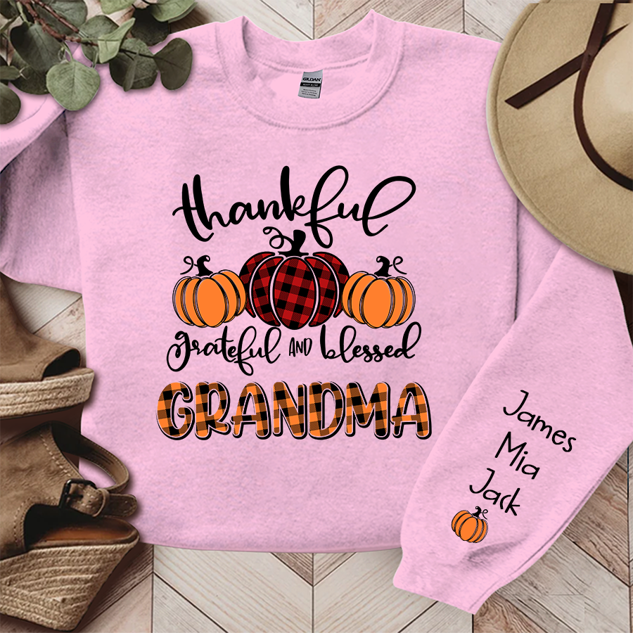 Personalized Thankful Grateful Blessed Grandma Fall Autumn Sweatshirt