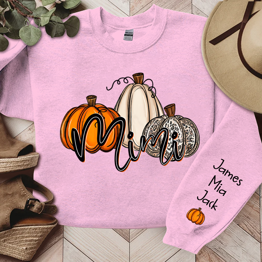 Personalized Mimi Sweatshirt With Grandkid Names On Sleeve, Custom Grandma Mimi Nana Pumpkins Autumn Sweatshirt