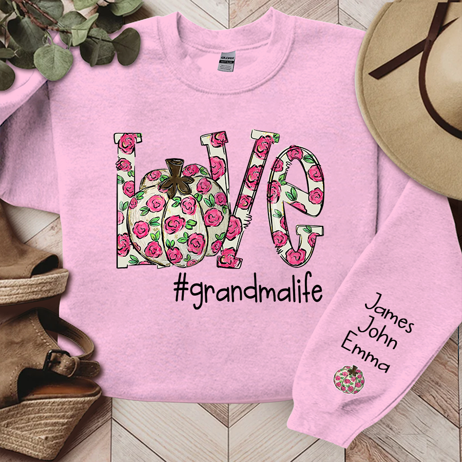 Personalized Love Pumpkin Flower Grandmalife And Grandkids Names Sweatshirt