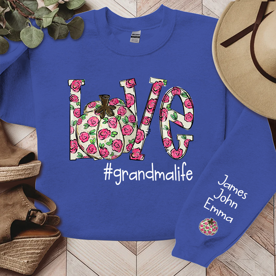 Personalized Love Pumpkin Flower Grandmalife And Grandkids Names Sweatshirt