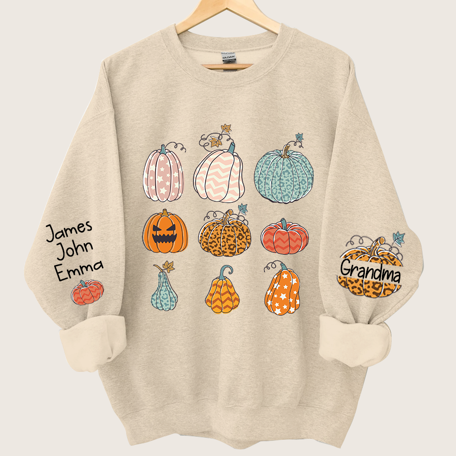 Personalized Grandma Pumpkin Varieties And Grandkids Names Sweatshirt