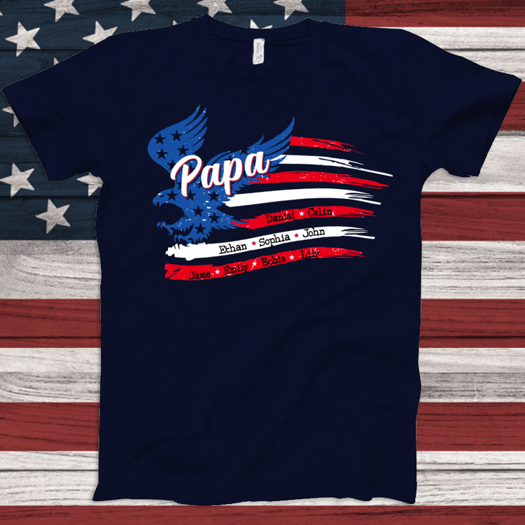 Personalized Papa Shirt, Custom Papa with Grandkids Names 4th Of July T-Shirt, Father's Day Independence Day Shirt