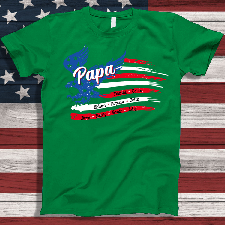 Personalized Papa Shirt, Custom Papa with Grandkids Names 4th Of July T-Shirt, Father's Day Independence Day Shirt