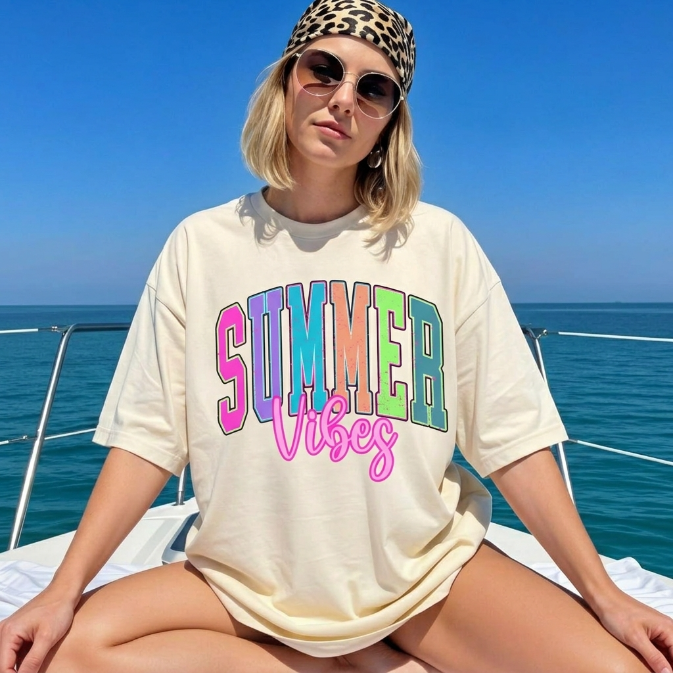 Summer Vibes Graphic Tee Women Hot Pink Beach Vacation Shirt