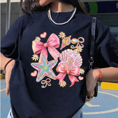 Cute Beach Graphic Tee Women Pink Bow Seashell Summer Shirt