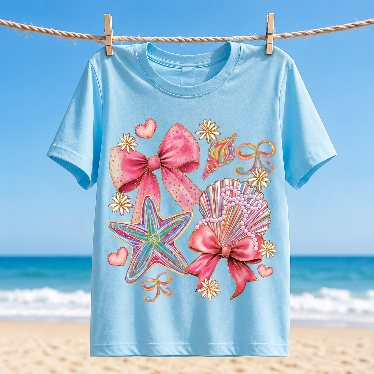 Cute Beach Graphic Tee Women Pink Bow Seashell Summer Shirt