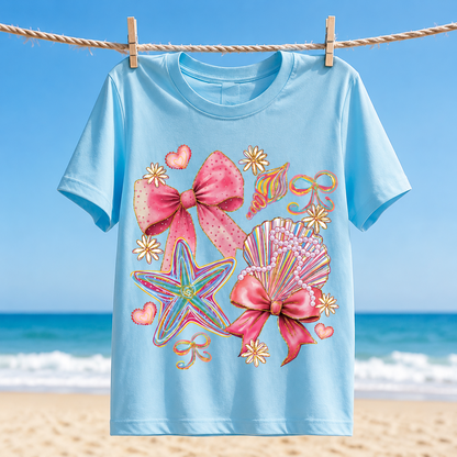 Cute Beach Graphic Tee Women Pink Bow Seashell Summer Shirt