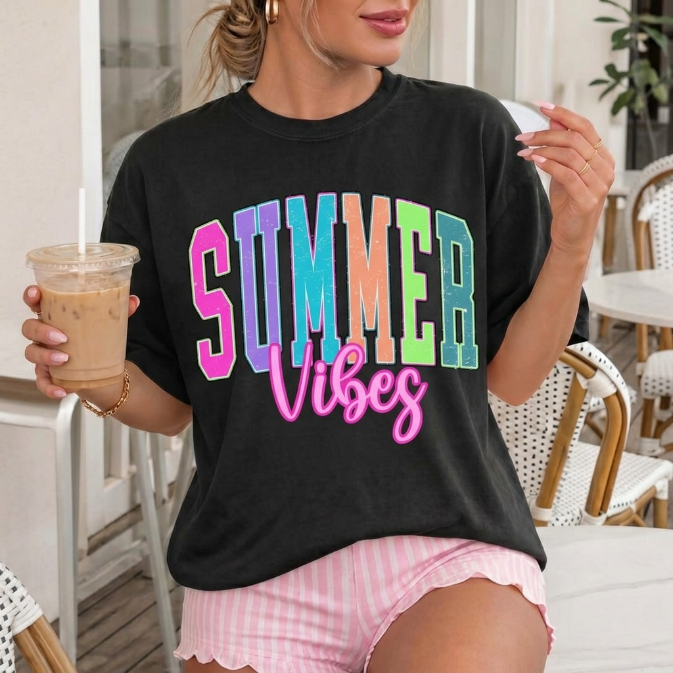Summer Vibes Graphic Tee Women Hot Pink Beach Vacation Shirt