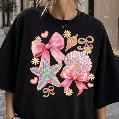 Cute Beach Graphic Tee Women Pink Bow Seashell Summer Shirt