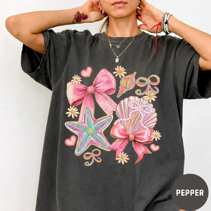 Cute Beach Graphic Tee Women Pink Bow Seashell Summer Shirt
