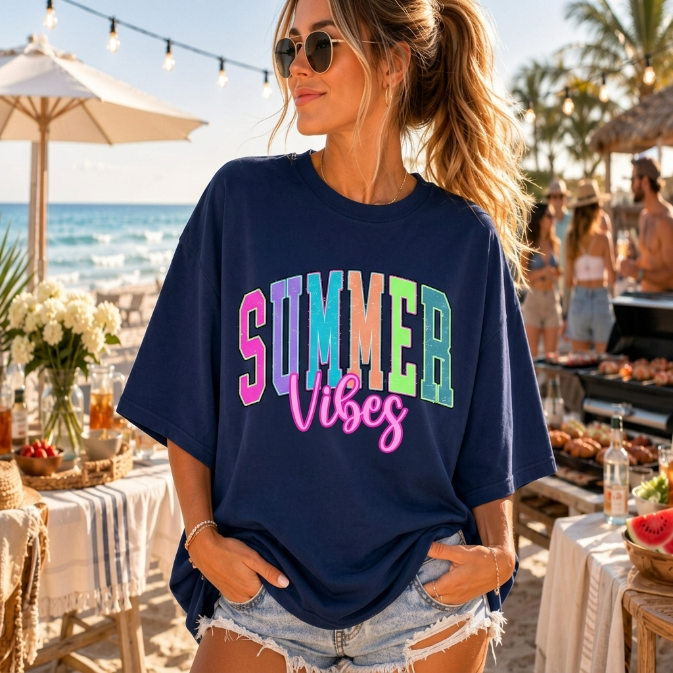 Summer Vibes Graphic Tee Women Hot Pink Beach Vacation Shirt