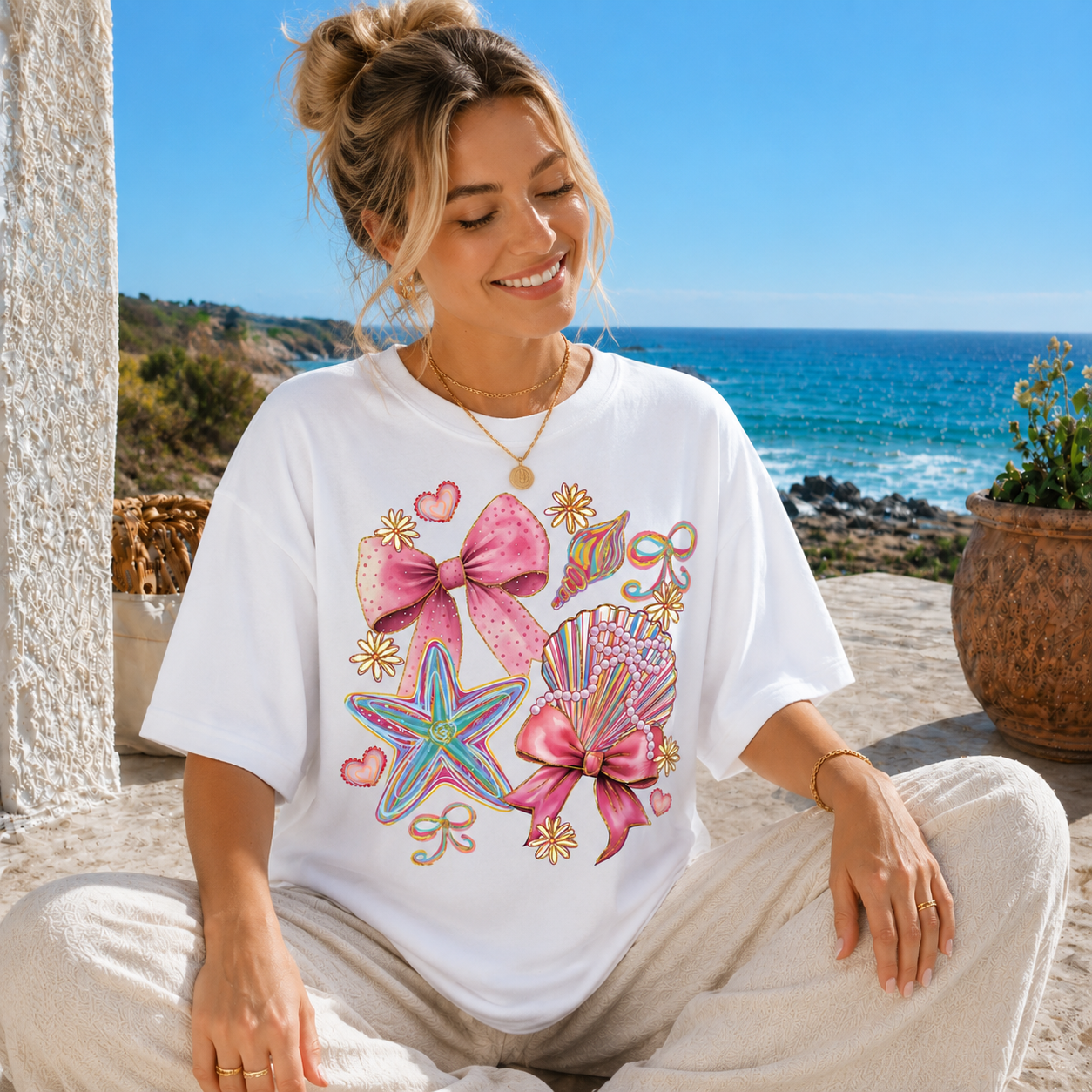 Cute Beach Graphic Tee Women Pink Bow Seashell Summer Shirt