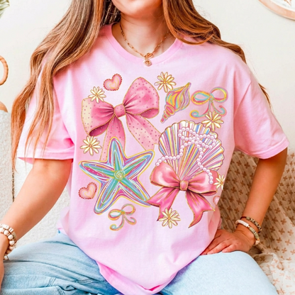 Cute Beach Graphic Tee Women Pink Bow Seashell Summer Shirt