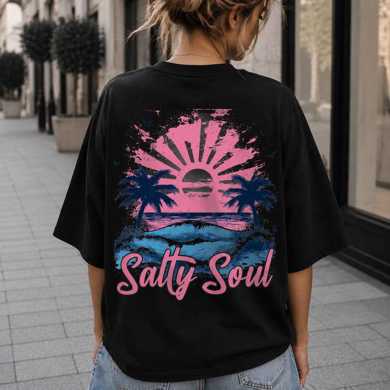 Salty Soul Back Print T-Shirt - Retro Beach Sunset Graphic Tee
