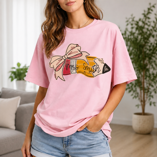 Personalized Teacher Name T-Shirt – Custom Pencil & Bow Tee