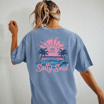 Salty Soul Back Print T-Shirt - Retro Beach Sunset Graphic Tee