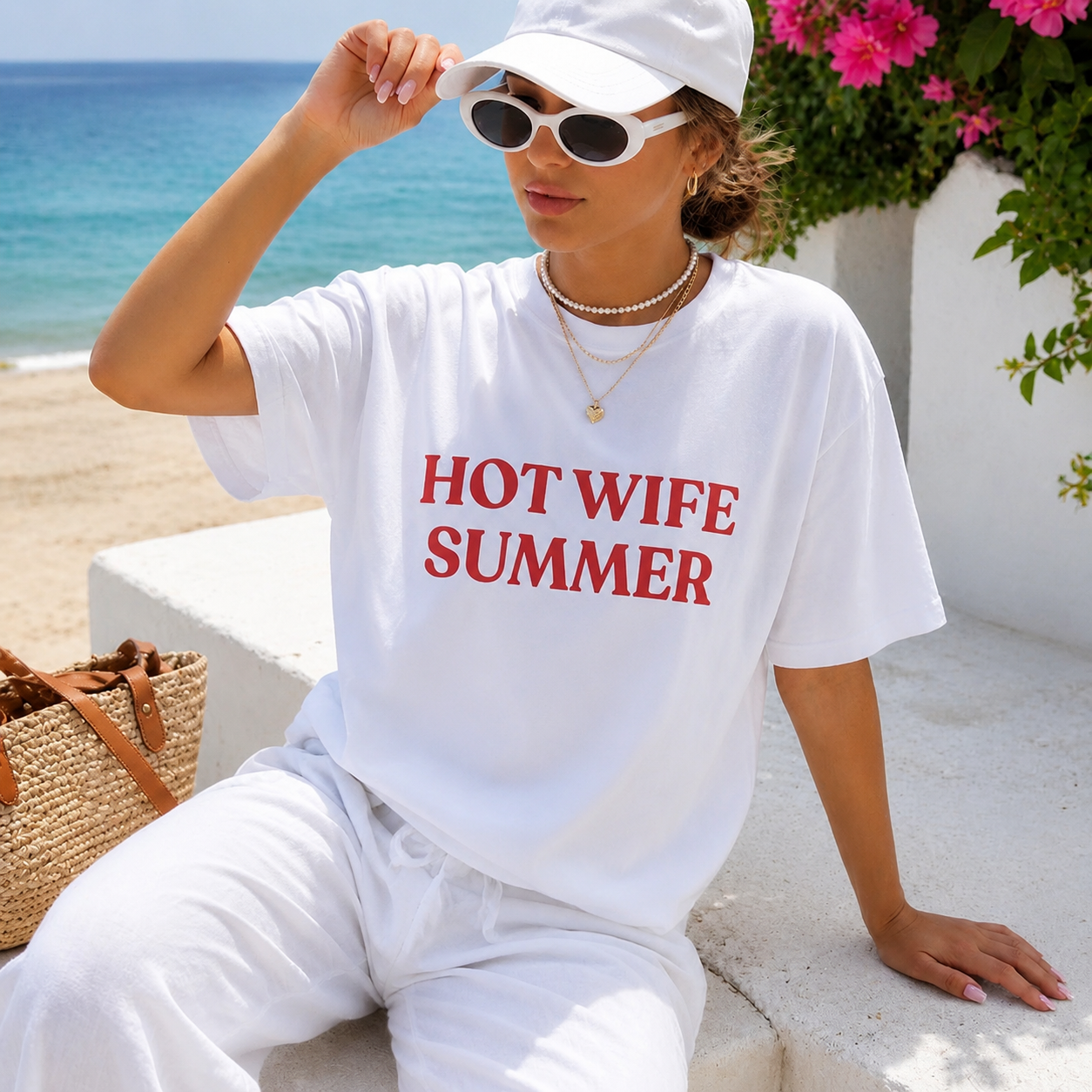 Hot Wife Summer Graphic T-Shirt - Personalized Retro Trendy Bold Text TShirt, Summer Beach Vacation