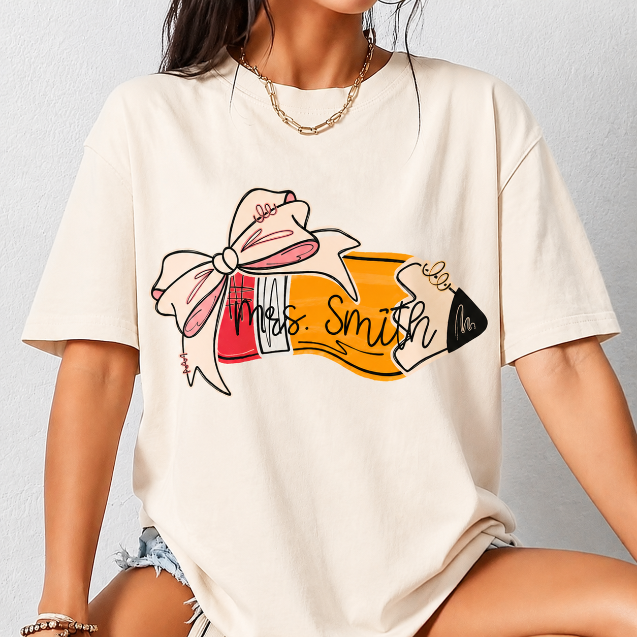 Personalized Teacher Name T-Shirt – Custom Pencil & Bow Tee