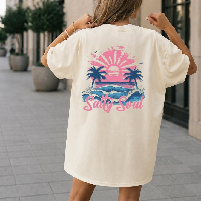 Salty Soul Back Print T-Shirt - Retro Beach Sunset Graphic Tee