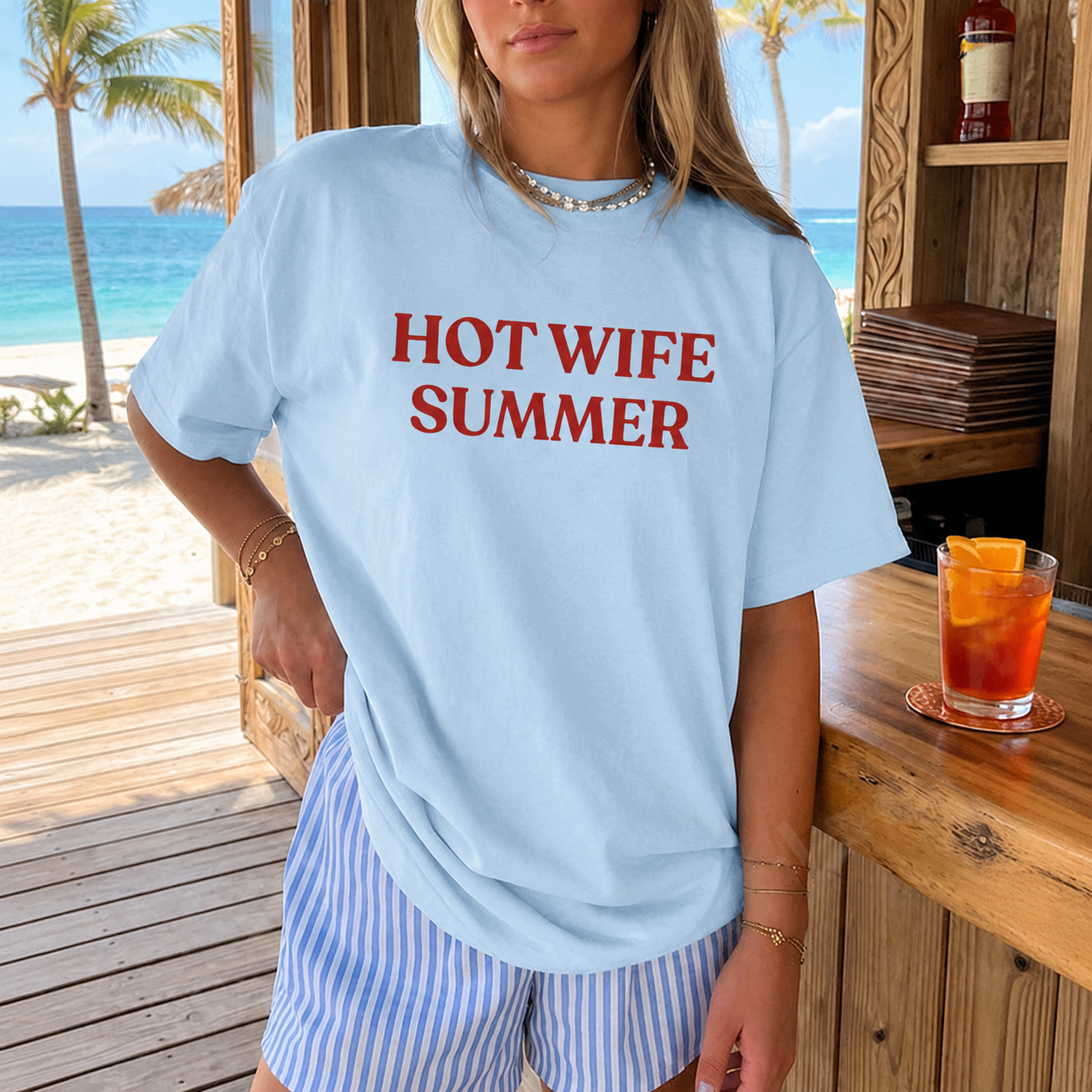 Hot Wife Summer Graphic T-Shirt - Personalized Retro Trendy Bold Text TShirt, Summer Beach Vacation
