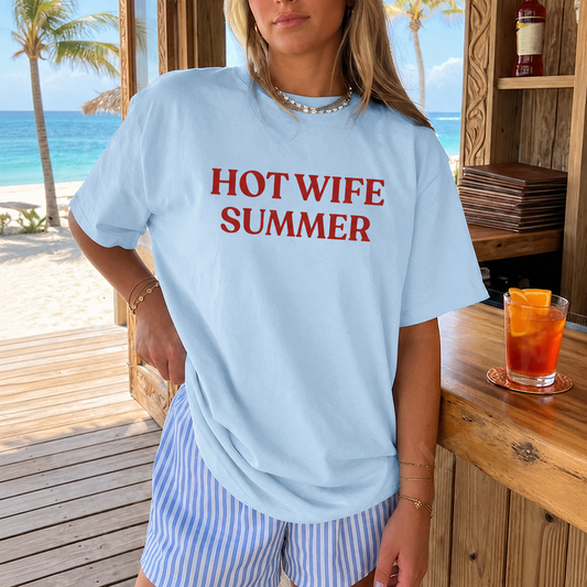 Hot Wife Summer Graphic T-Shirt - Personalized Retro Trendy Bold Text TShirt, Summer Beach Vacation