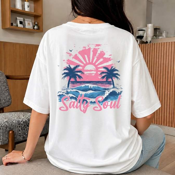 Salty Soul Back Print T-Shirt - Retro Beach Sunset Graphic Tee