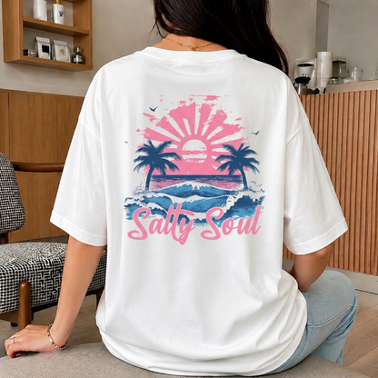 Salty Soul Back Print T-Shirt - Retro Beach Sunset Graphic Tee